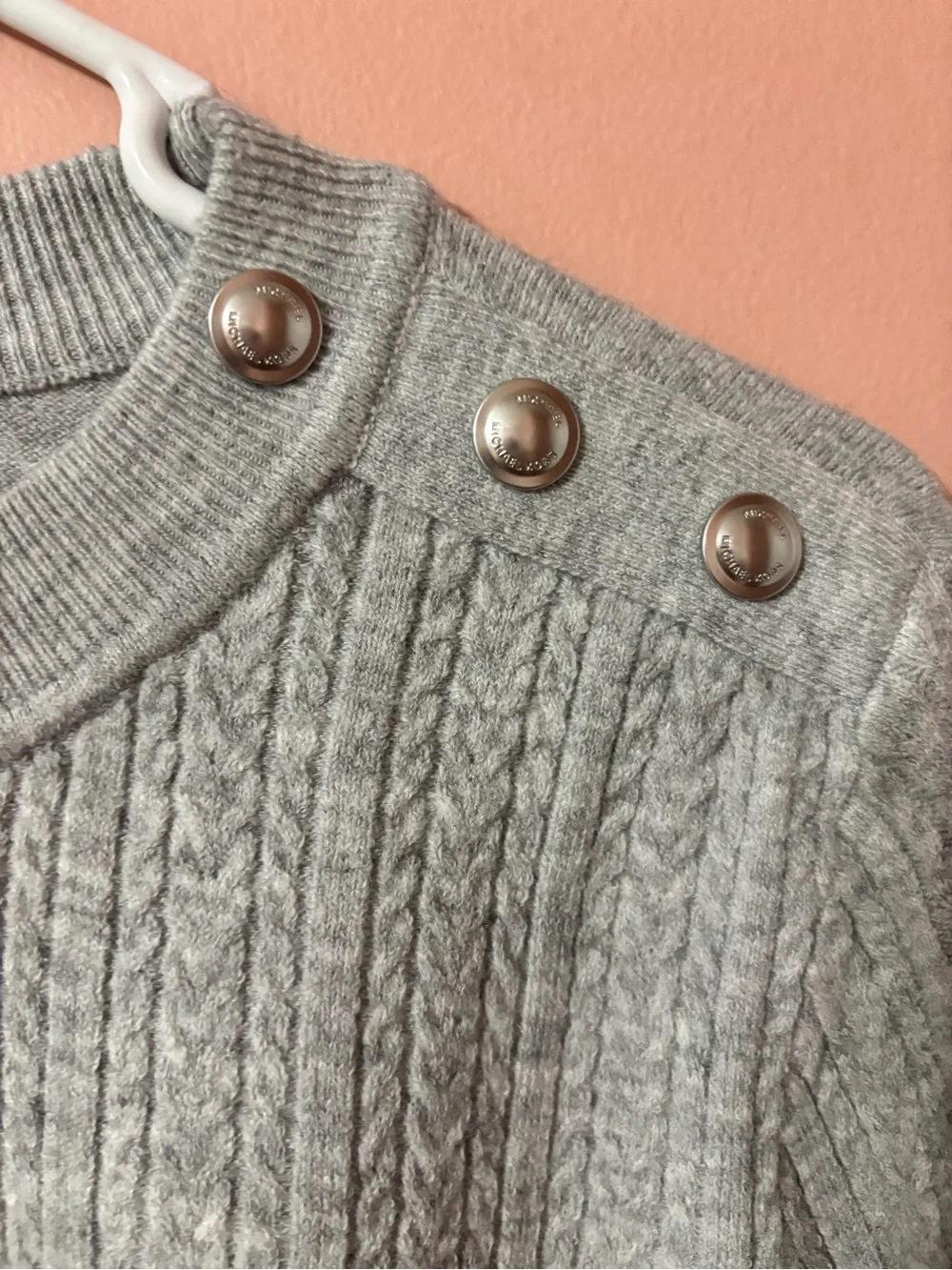 Michael Kors Heather Gray Cable Knit Crewneck Sweater with Shoulder Buttons
